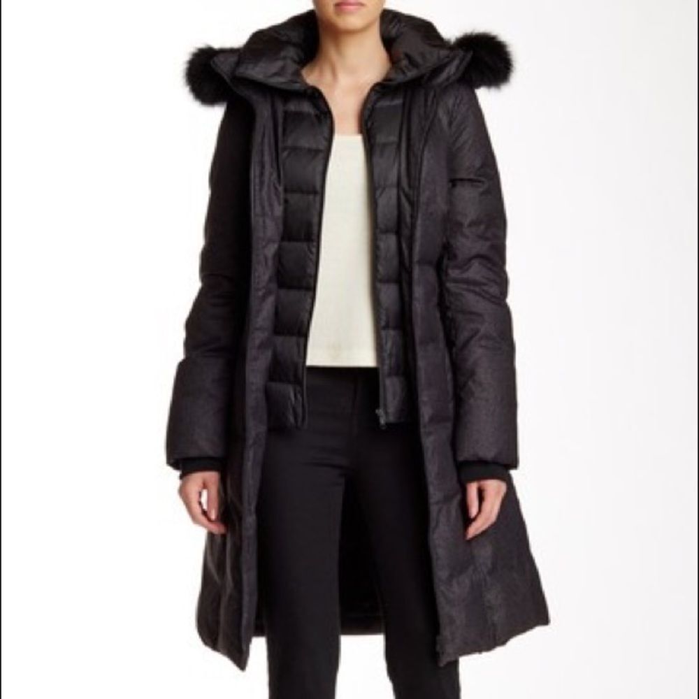 Soia & Kyo Black/Grey Fur Trim Hooded Down Parka Coat